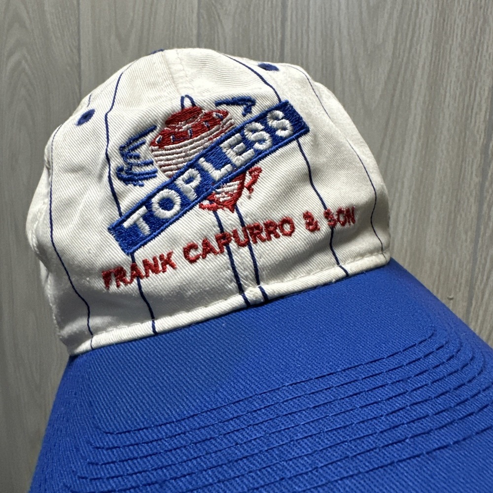 Vintage Frank Capurro & Son Topless Baseball Cap White Blue Pinstripe Mens